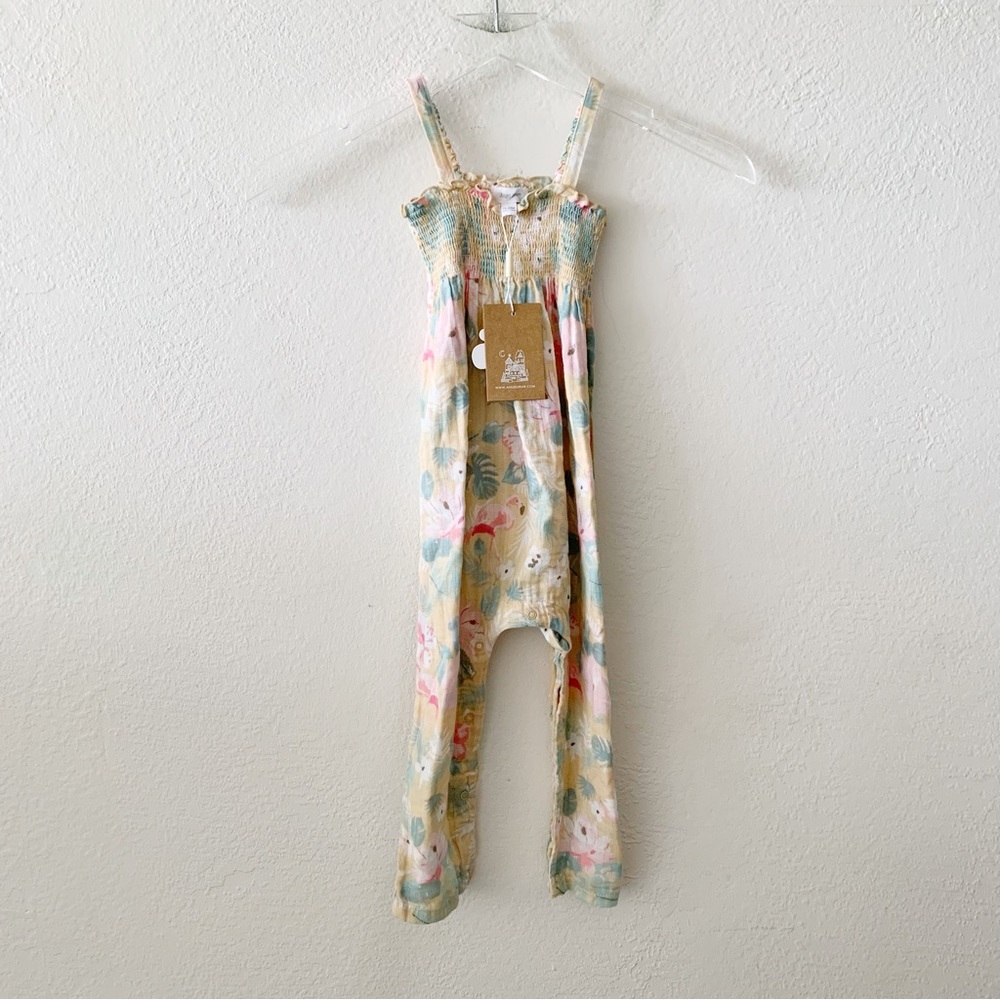 NWT Angel Dear Sleeveless Floral Flamingo Smocked Romper Toddler 18-24 M